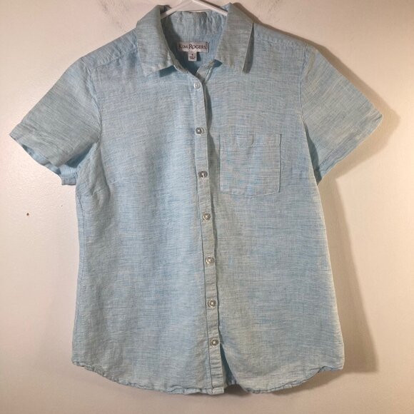 Womens Kim Rogers Linen Blend Button Shirt Short Sleeve Greenish S Blue White - Picture 1 of 8